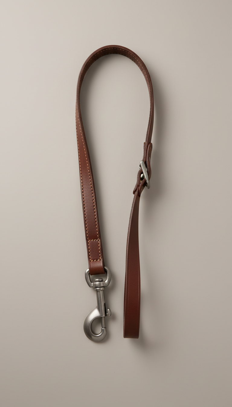 Espresso leather leash with polished pewter hardware